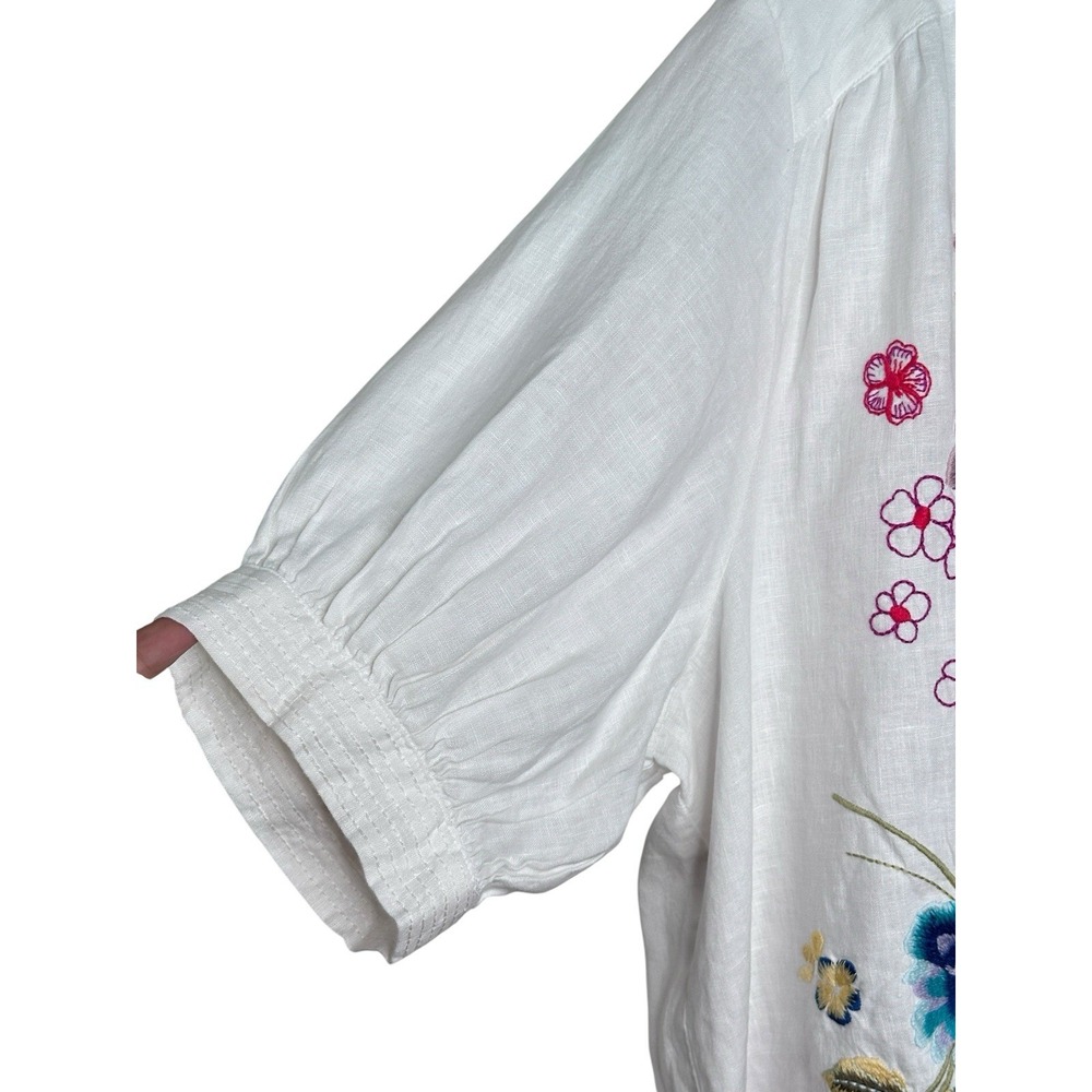 Johnny Was XL Jessi Shirred Yoke Blouse White Linen Embroidered Button Up Top - Picture 11 of 14